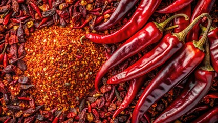 Fototapeta premium Dried Red Pepper Flakes and Chili Pepper Spice - Top View of Crushed Peppers with Copy Space for Culinary Uses and Recipes