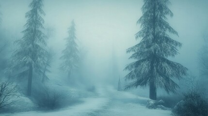 Fototapeta premium Misty Winter Landscape with Snow-Covered Trees in a Foggy Forest Scene