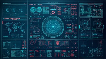 Fototapeta premium A defense-themed background resembling a futuristic command center interface, featuring holographic radar screens, digital data overlays, glowing maps, and soft blue grid lines