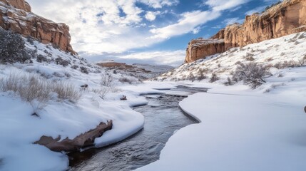 A serene winter landscape featuring a snow-covered river winding through rocky terrain.
