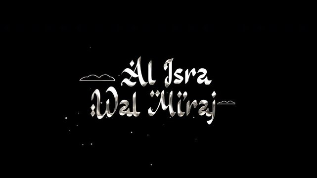 Silver text Al Isra Wal Miraj on cloud animated text. Suitable for Islamic festival design, social media posts, and religious event promotions. footage animation