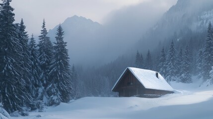 A serene winter landscape featuring a solitary cabin surrounded by snow-covered mountains.