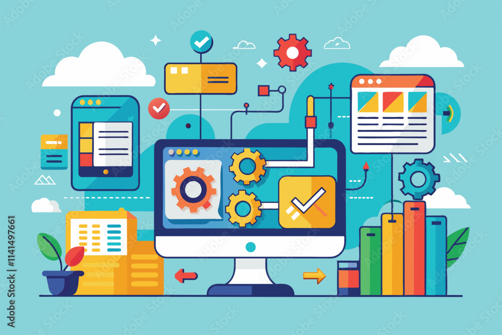 Poster digital tools and gears represent efficient workflows in a bright, modern workspace filled with plan