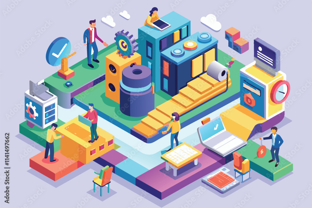 Poster people engage in various tasks using technology in a vibrant, customizable isometric workspace envir