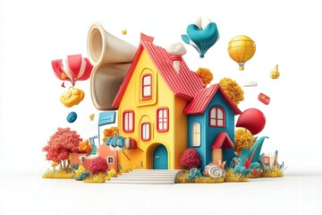Colorful Fantasy House Surrounded by Vibrant Elements and Balloons