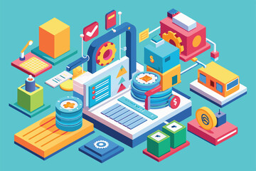Obraz premium A colorful representation of customizable tools enhancing efficiency and productivity in a modern workspace environment, Efficiency Customizable Isometric Illustration