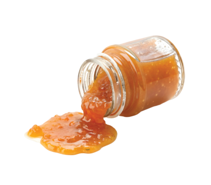 Glass Jar of Orange Marmalade Overflowing with Sweetness: A transparent glass jar tipped over, spilling vibrant orange marmalade in a delightful, messy display.  Cut out.