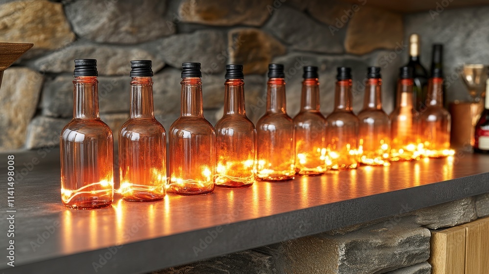 Poster decorative glass bottles with warm string lights aligned on a rustic stone countertop, creating a co