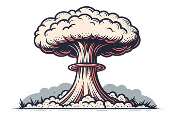 Colorful mushroom cloud drawing, blending bold reds and whites with intricate detailing, creating a vivid and dynamic visual representation of raw power, against on a transparent background