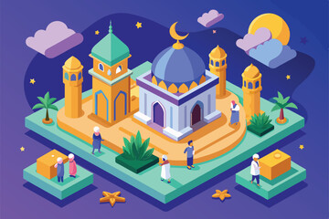 Obraz premium A colorful isometric illustration showcases people celebrating Eid al-Fitr with prayers and decorations outdoors, Eid al fitr Customizable Isometric Illustration