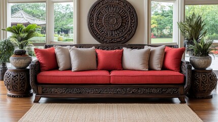 Elegant and Rustic Living Room with Ornate Wooden Sofa and Vibrant Red Cushions Surrounded by Lush Greenery and Decorative Elements in Bright Natural Light
