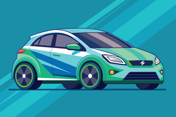 Obraz premium A stylized electric car with a unique design is showcased in a bright, modern urban environment, Electric car Customizable Disproportionate Illustration