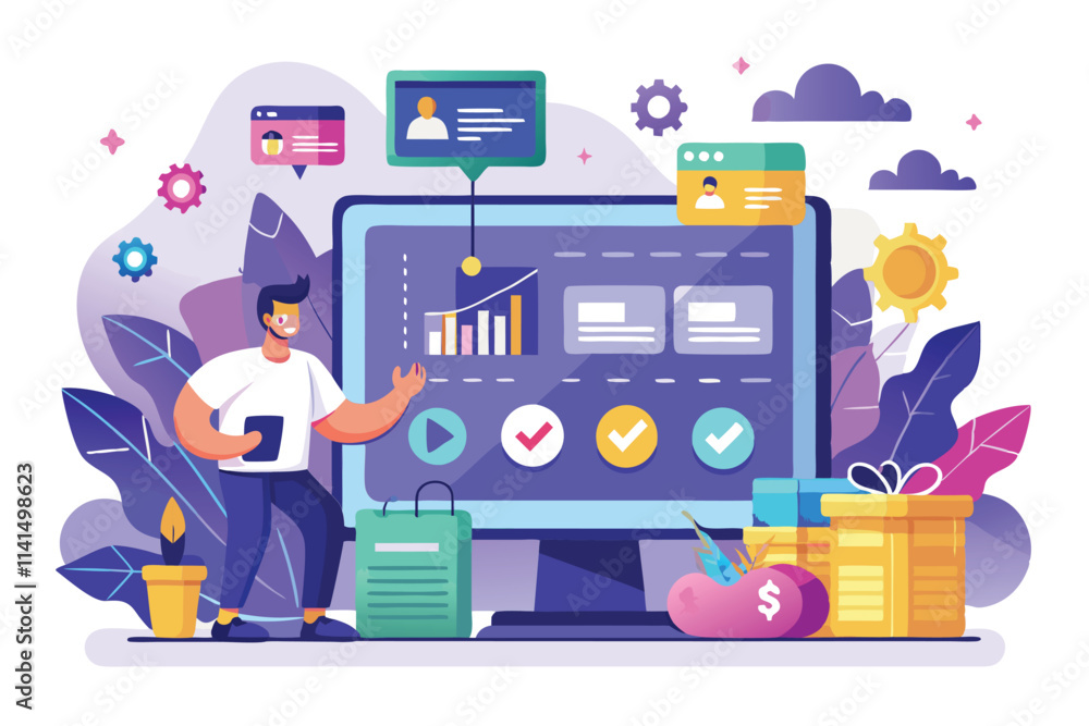 Poster a digital design showcasing an e-commerce landing page with user interaction and colorful visuals, e