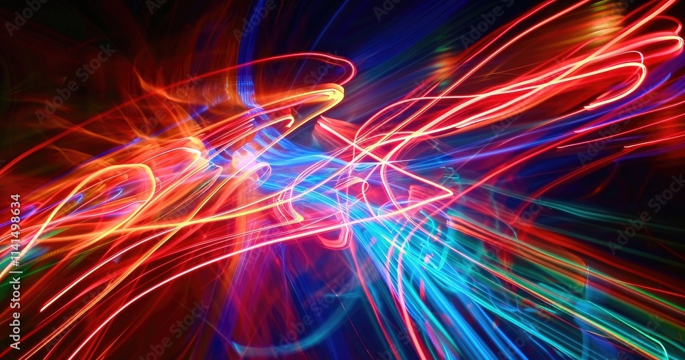 Poster abstract light trails in vibrant colors creating a dynamic visual effect.