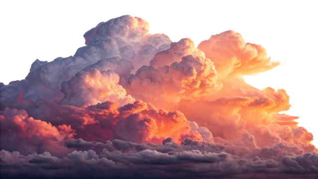 Vibrant orange and purple clouds illuminated by the setting sun, creating a majestic scene filled with dynamic shapes and surreal lighting, against on a transparent background