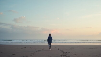 Naklejka premium Lonely child walking alone on the beach at sunset, reflecting on solitude and freedom