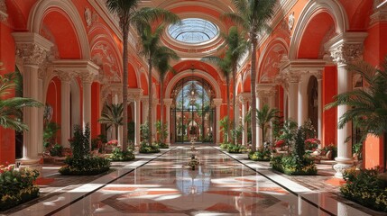 Obraz premium Grand Ornate Hallway with Vibrant Architecture and Lush Greenery, Featuring Impressive Columns, Arched Windows, and Exquisite Decorative Elements, Inviting Natural Light for a Stunning Ambiance