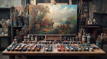 Obraz premium Artist's messy studio, painting, paints, brushes.