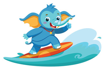 A cartoon elephant happily rides a surfboard on a wave, showcasing joyful surfing skills, Elephant surfing cartoon on white background