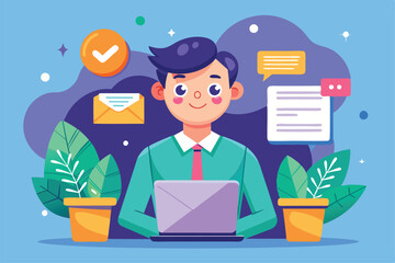 A person creates a colorful email campaign with a laptop surrounded by plants and notifications, Email campaign Customizable Cartoon Illustration