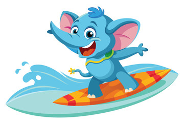 Naklejka premium A blue cartoon elephant joyfully rides a surfboard on a wave, spreading happiness and fun, Elephant surfing cartoon on white background