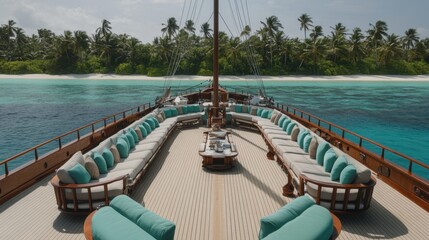 Obraz premium Elegant Yacht Deck with Cushions on a Tropical Island Coastline
