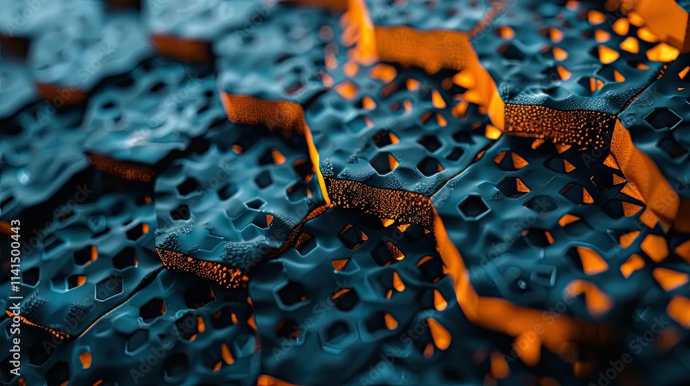 Poster close-up of a textured surface with hexagonal patterns and warm lighting.