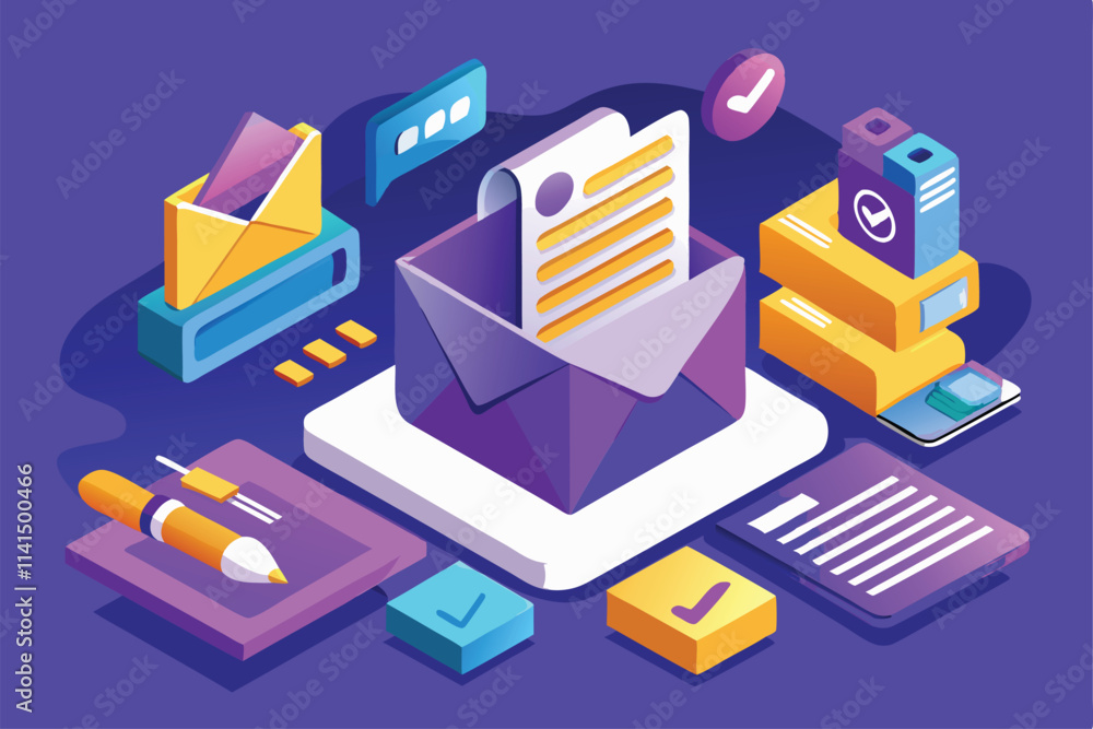 Poster a colorful representation of an email capture setup with envelopes, checkmarks, and stationery, emai