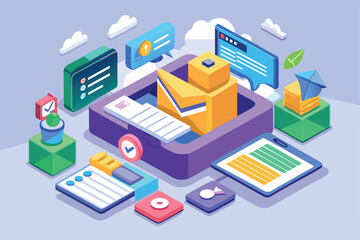 Obraz premium A vibrant isometric illustration depicts the email capture process with various digital notifications and tools, Email capture Customizable Isometric Illustration