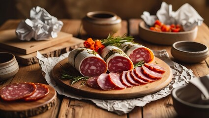 This rustic, inviting table spread featuring thinly sliced soppressata and bondiola captures the essence of traditional Italian picada. The rich reds, marbled whites, and deep golden hues meats.