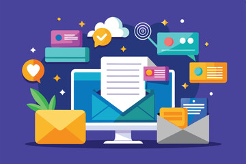A colorful display of emails and messages shown on a computer alongside mail envelopes, Emails Customizable Flat Illustration