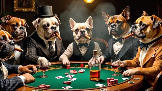 Dogs dressed in suits enjoying a poker game in a dimly lit room with cigars and drinks