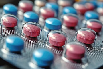 Close-up of Red and Blue Pills in a Blister Pack