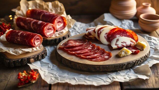 This rustic, inviting table spread featuring thinly sliced soppressata and bondiola captures the essence of traditional Italian picada. The rich reds, marbled whites, and deep golden hues meats.