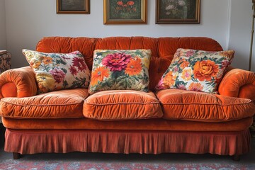 Orange Velvet Sofa with Floral Cushions