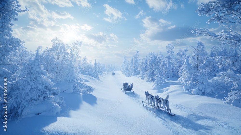 Poster a serene winter landscape with sleds traversing a snowy path under a bright sky.