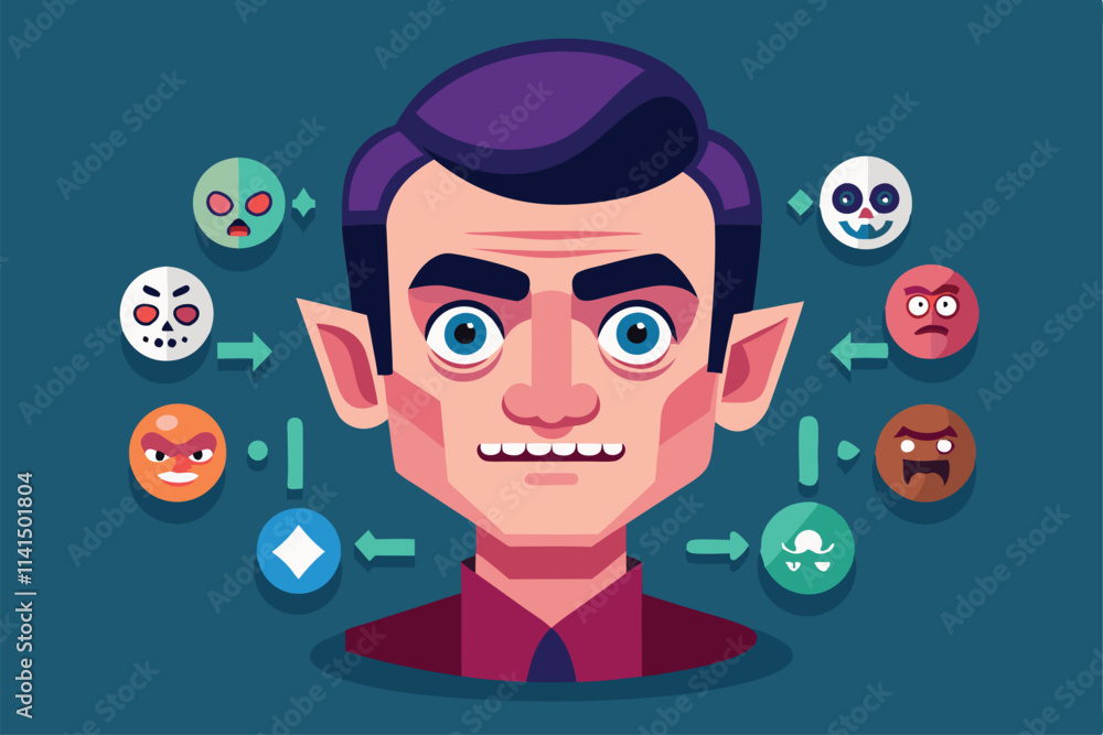 Poster a character design tool showcasing different emotions and facial features for creative projects, emo