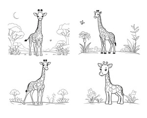 set of giraffe cartoon character line art design