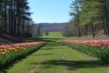 Obraz premium Path of Tulips Leading Through a Forested Valley