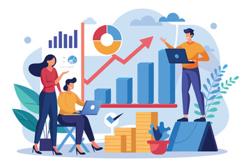 Team members review growth charts on laptops while discussing data insights and trends together, Employees analyze growth charts