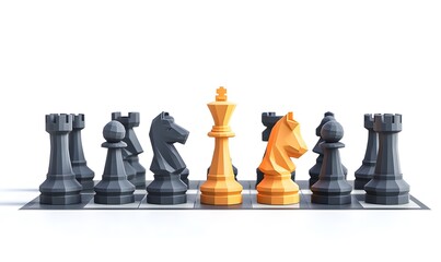 Chess pieces on a board, golden king, knight, black.