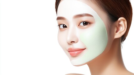 Fototapeta premium Intriguing portrait of woman with vibrant green mask, capturing beauty and mystery.