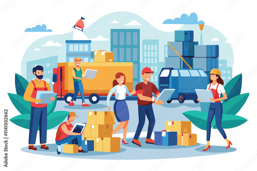 Poster workers collaborate on logistics and distribution tasks in a busy urban setting filled with various 
