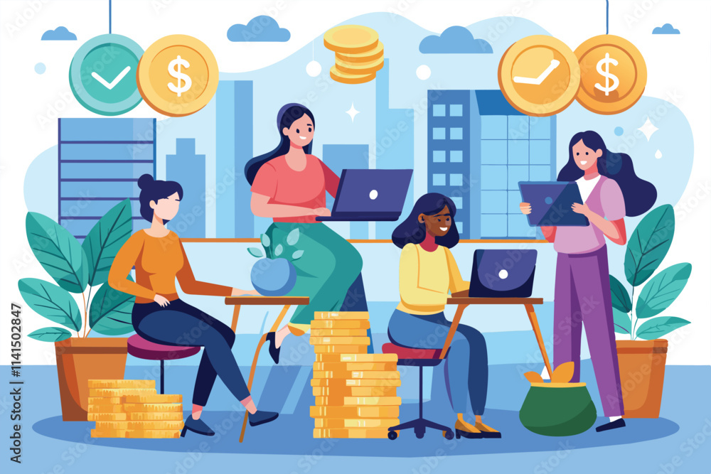 Poster several employees engage in work tasks while utilizing laptops in a modern office setup, employees w