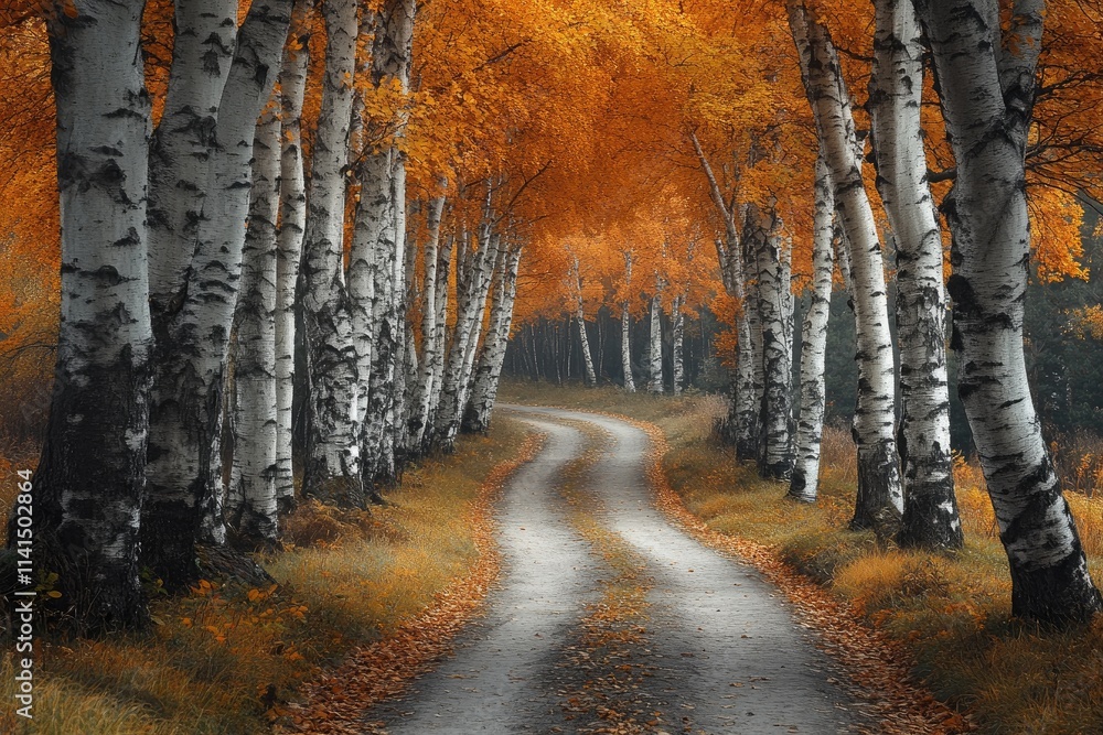 Poster winding path through a birch tree forest in autumn
