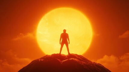 Silhouette of a Person Standing on a Mountain Against a Large Sun