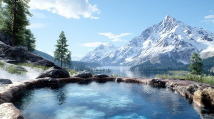 Scenic mountain landscape with a hot spring and lake view.