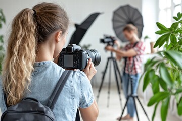 Young Photographer Captures Image in Studio with Equipment Setup