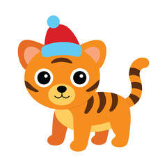Baby tiger with Santa hat vector illustration.