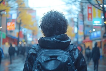 Fototapeta premium A Solitary Figure Walking Through a Rainy City Street